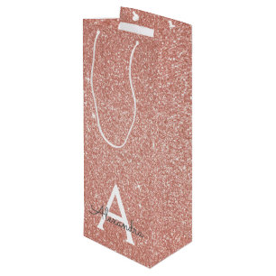 Pink Rose Gold Glitter & Sparkle Monogram Wine Gift Bag