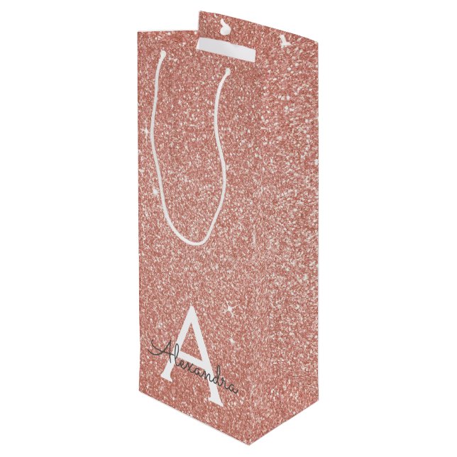Pink Rose Gold Glitter & Sparkle Monogram Wine Gift Bag (Back Angled)