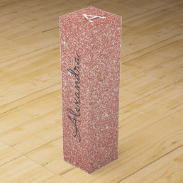 Pink Rose Gold Glitter &amp; Sparkle Monogram Wine Gift Box