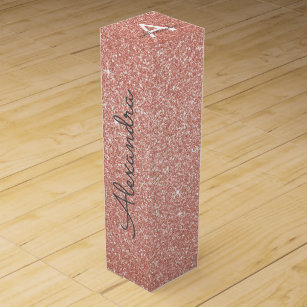 Pink Rose Gold Glitter & Sparkle Monogram Wine Gift Box