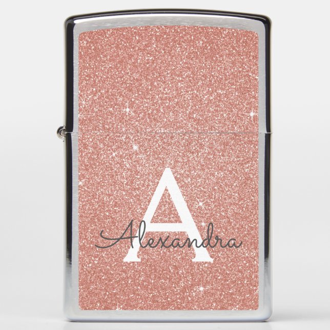 Pink Rose Gold Glitter & Sparkle Monogram Zippo Lighter (Front)