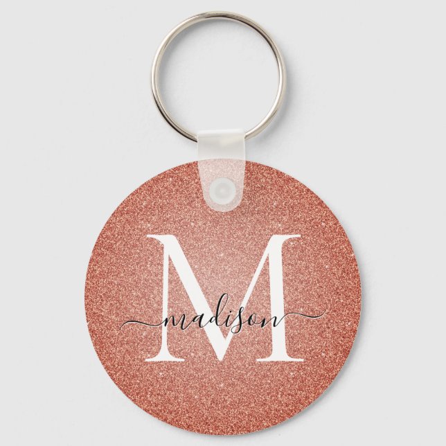 Pink Rose Gold Glitter Sparkle Script Monogram Keychain (Front)