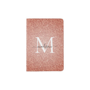 Pink Rose Gold Glitter Sparkle Script Monogram Passport Holder