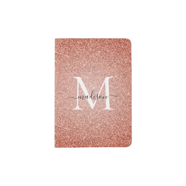 Pink Rose Gold Glitter Sparkle Script Monogram Passport Holder (Front)
