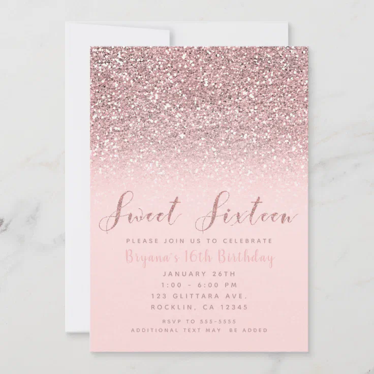 Pink Rose Gold Glitter Sparkle Sweet 16 Party Invitation | Zazzle