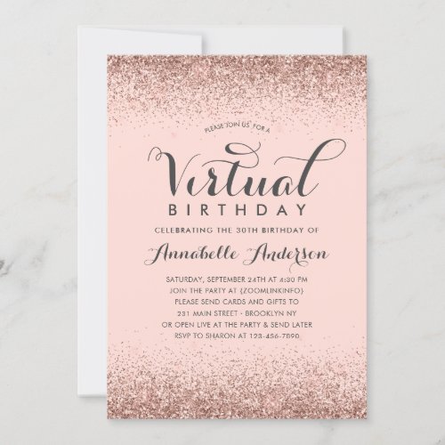 Pink Rose Gold Glitter Sparkle Virtual Birthday Invitation