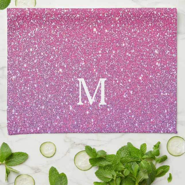Pink Rose Gold Glitter Sparkling Cute Girly Ombre Kitchen Towel (Folded)