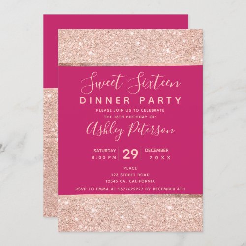 Pink rose gold glitter typography Sweet Sixteen Invitation