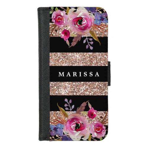 Pink Rose Gold Glitter Watercolor Floral iPhone 87 Wallet Case