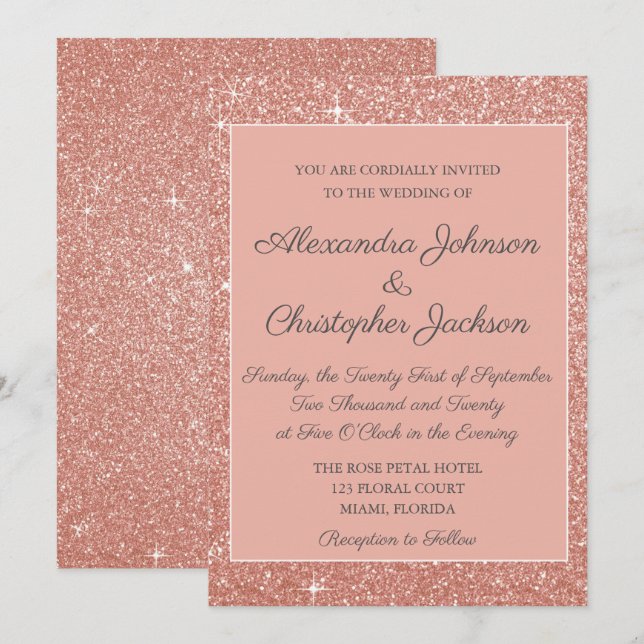 Pink Rose Gold Glitter Wedding Invitation (Front/Back)