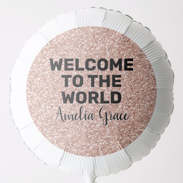Pink Rose Gold Glitter Welcome New Baby Girl Balloon (Front)