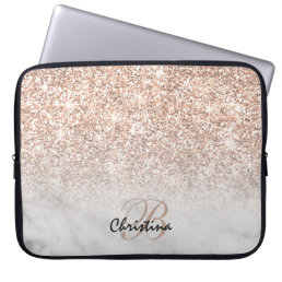 Pink Rose Gold Glitter White Marble Ombre Monogram Laptop Sleeve