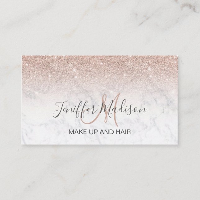 Pink rose gold glitter white marble Personalized   Business Card (Front)