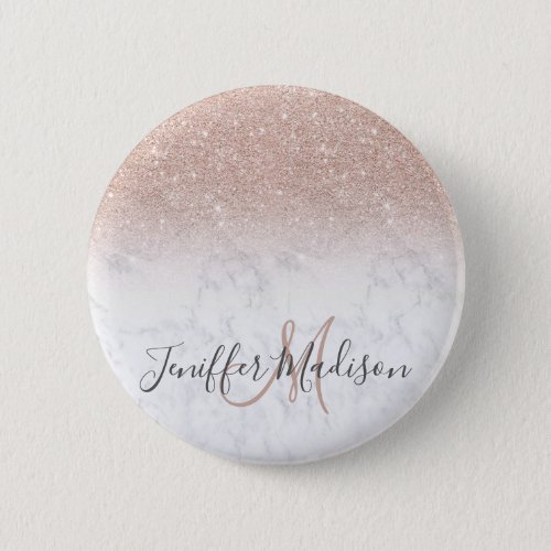 Pink rose gold glitter white marble Personalized   Button