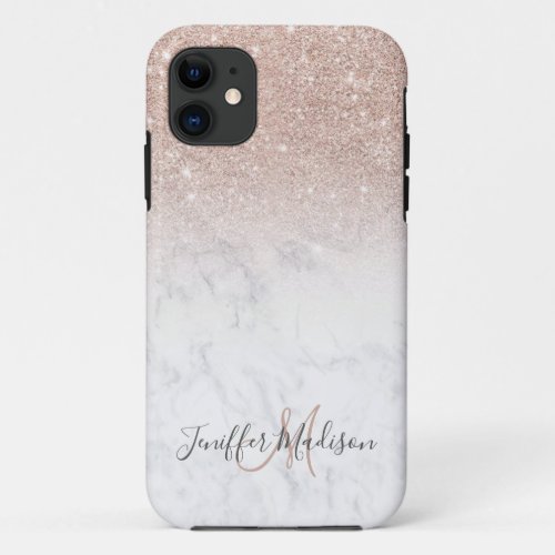 Pink rose gold glitter white marble Personalized   iPhone 11 Case