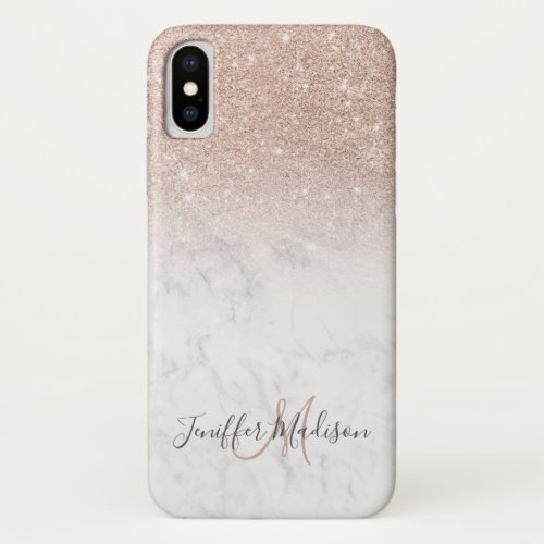 Pink rose gold glitter white marble Personalized   iPhone X Case