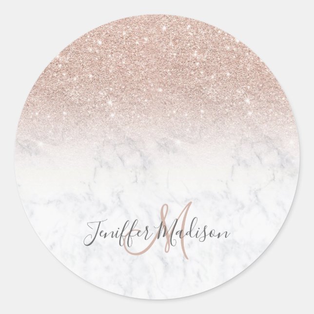 Pink rose gold glitter white marble Personalized   Classic Round Sticker (Front)