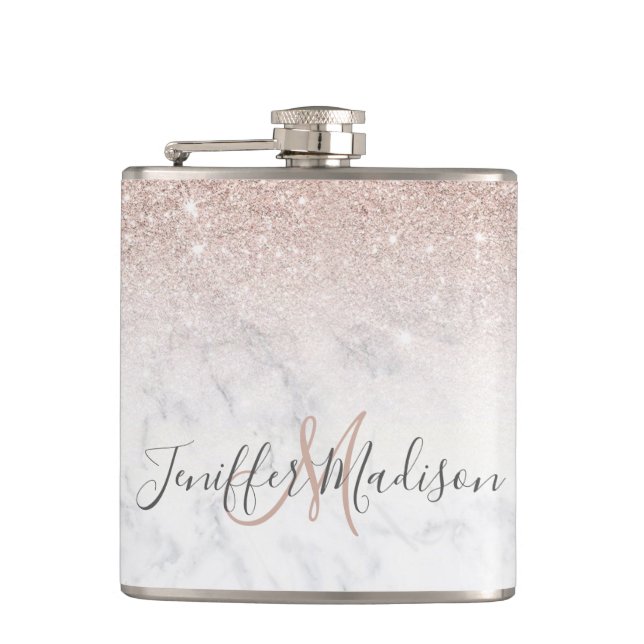 Pink rose gold glitter white marble Personalized   Flask (Front)