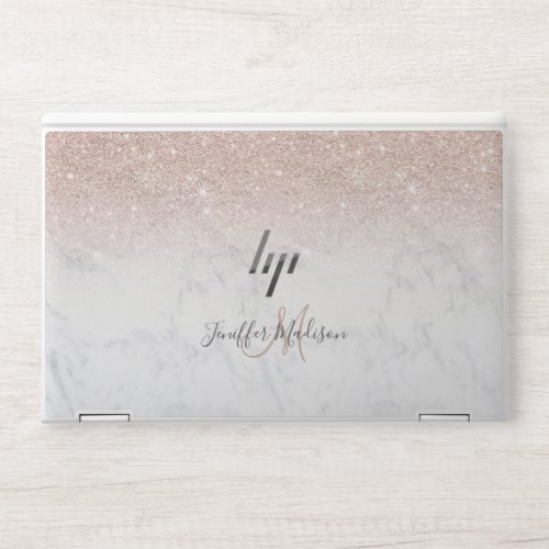 Pink rose gold glitter white marble Personalized   HP Laptop Skin
