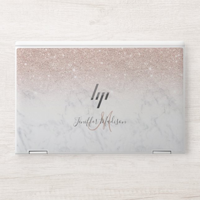 Pink rose gold glitter white marble Personalized   HP Laptop Skin (Front)