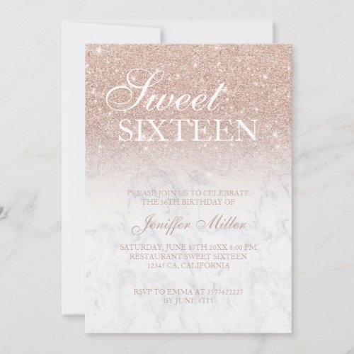 Pink rose gold glitter white marble Personalized   Invitation