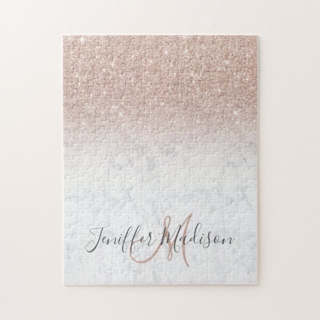 Pink rose gold glitter white marble Personalized   Jigsaw Puzzle (Vertical)