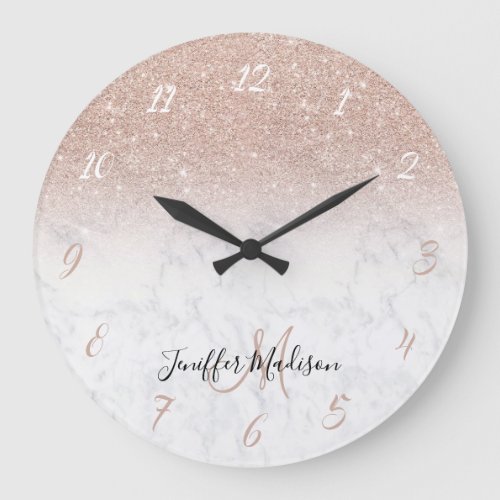 Pink rose gold glitter white marble Personalized   Large Clock