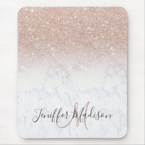 Pink rose gold glitter white marble Personalized   Mouse Pad