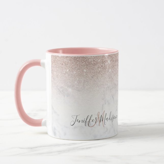 Pink rose gold glitter white marble Personalized   Mug (Left)