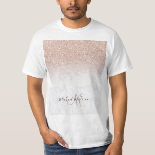 Pink rose gold glitter white marble Personalized   T_Shirt