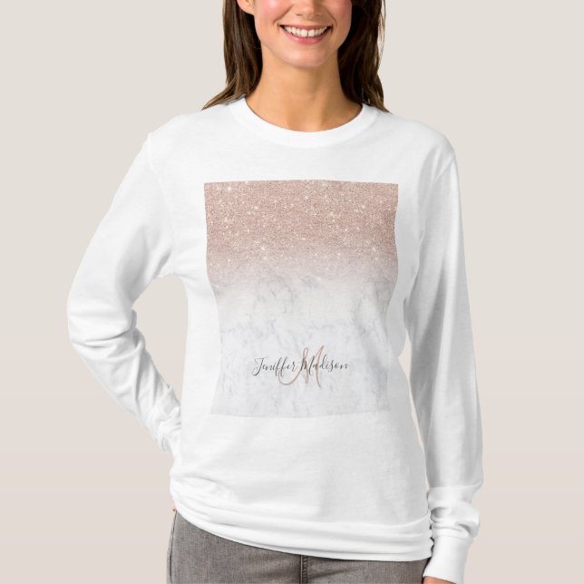 Pink rose gold glitter white marble Personalized   T-Shirt (Front)