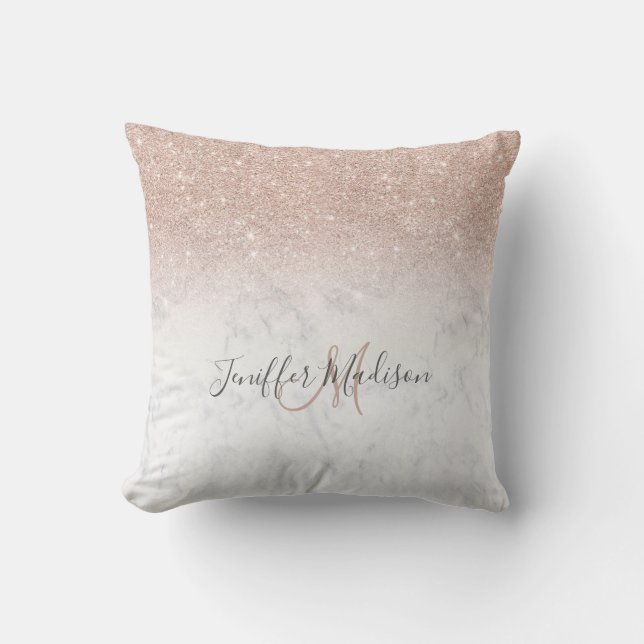 Pink rose gold glitter white marble Personalized   Throw Pillow (Front)