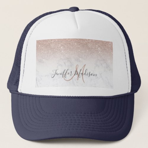 Pink rose gold glitter white marble Personalized   Trucker Hat