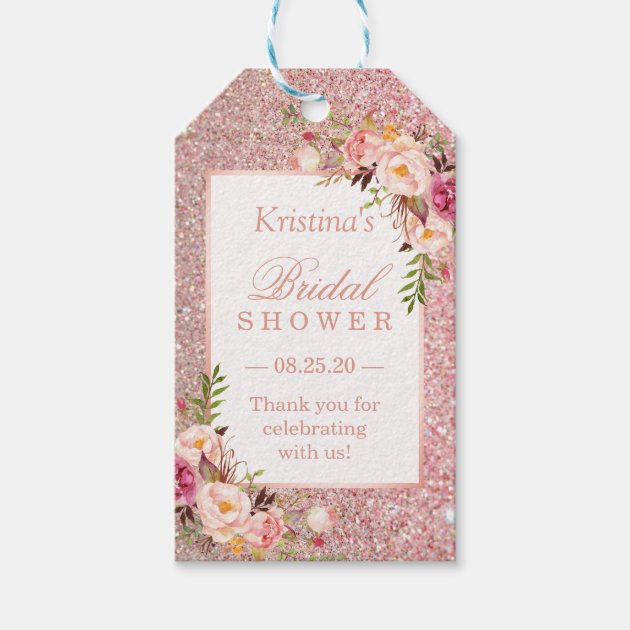 Pink Rose Gold Glitters Floral Bridal Shower Favor Gift Tags