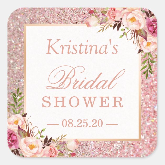 Pink Rose Gold Glitters Floral Bridal Shower Favor Square Sticker