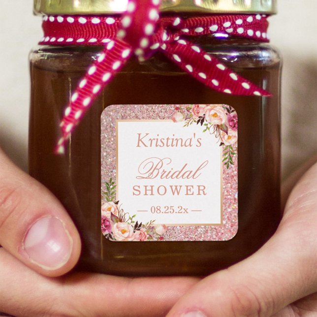 Pink Rose Gold Glitters Floral Bridal Shower Favor Square Sticker (Creator Uploaded)