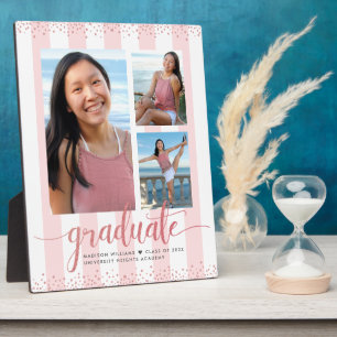 Pink Rose Gold Graduation 3 Photo Glitter Script Plaque