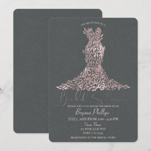 Pink Rose Gold & Grey Leaves Dress Bridal Shower Invitation