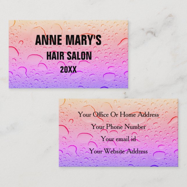 Pink Rose Gold Hair Salon Girly Water Drops Artsy Business Card (Front/Back)
