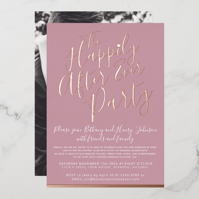 Pink rose gold happily ever after wedding party foil invitation (Front/Back)