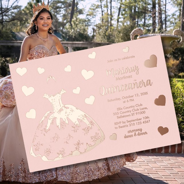 Pink Rose Gold Hearts Quinceañera Invitation (Creator Uploaded)