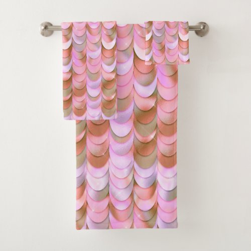 Pink Rose Gold Iridescent  Mermaid Scales Glitter  Bath Towel Set