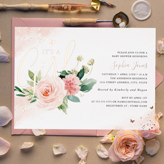 Pink Rose Gold It's A Girl Baby Shower  Foil Invitation (Creator Uploaded)