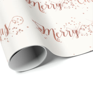 Pink Rose Gold Ivory White Merry Christmas Script Wrapping Paper