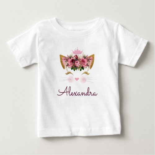 Pink Rose Gold Kitty Monogram 1st Birthday Baby T_Shirt