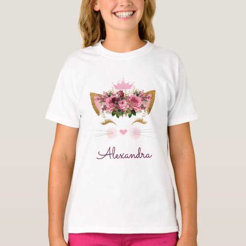 Pink Rose Gold Kitty Monogram Birthday T_Shirt