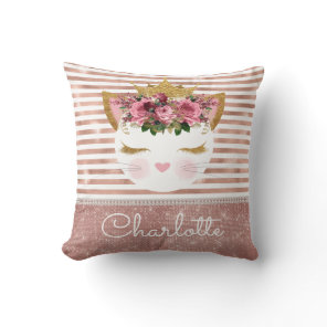 Pink rose gold kitty princess floral  throw pillow