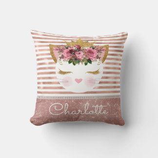 Pink rose gold kitty princess floral throw pillow