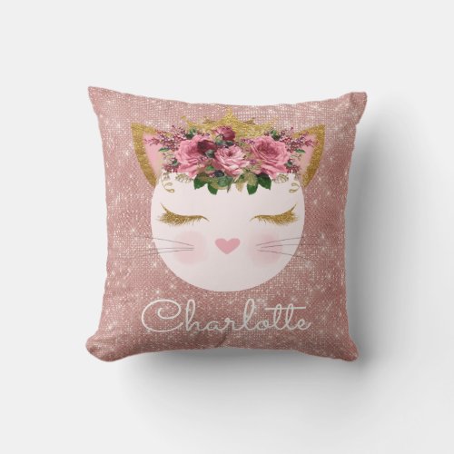 Pink rose gold kitty princess sparkling throw pillow