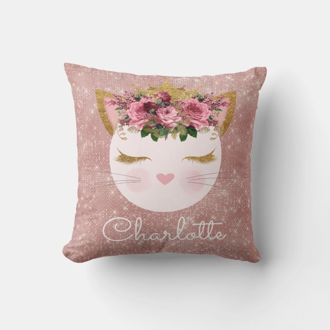Pink rose gold kitty princess sparkling throw pillow (Front)